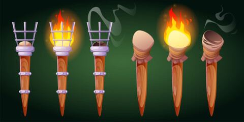 Medieval torch with fire isolated ancient game icon. Flame on wood stick illustration set. Burn and faded hawaiian flambeau with smoke design collection. Ceremony kit for freedom or victory event