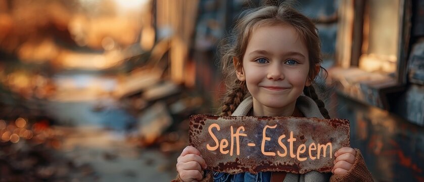 Child holding a glowing sign with "Self-Esteem," self-esteem, youth confidence.
