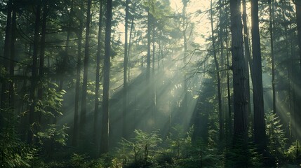 Obraz premium A forest with trees in the background and a misty sky. 