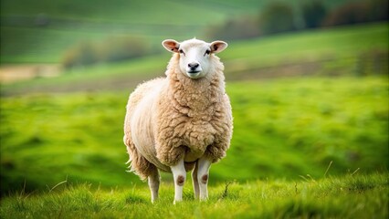 Fototapeta premium Mild sheep with fluffy wool in a green pasture, peaceful, gentle, animal, livestock, farm, cute, fluffy, woolly, grazing