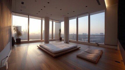 Fototapeta premium Minimalist bedroom with a low platform bed and floor-to-ceiling windows