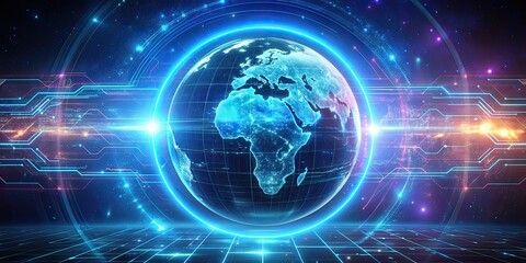 Obraz premium Abstract futuristic cyberspace background with neon lights surrounding planet Earth in the center