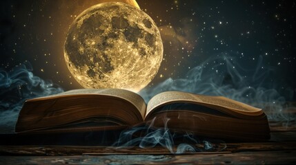 Open Book with a Big Moon in the Background