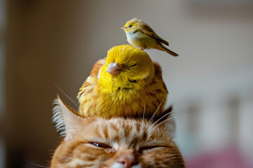 Fototapeta premium Yellow canary bird sitting on top of cat head