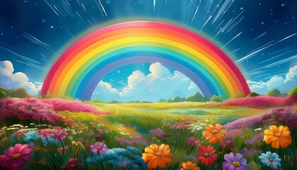 A flower field with a beautiful rainbow in the blue sky