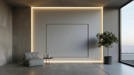 Minimalist living room with a blank wall frame and a single plant
