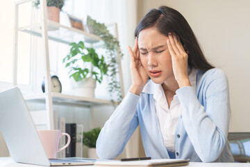 Stressed, exhausted asian young woman, girl pain from vertigo, having migraine symptoms headache,...