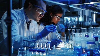 Scientists conducting experiments in a laboratory, working with test tubes and scientific equipment with concentrated attention.