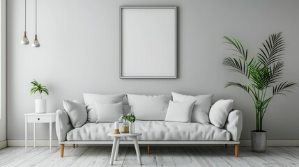 Minimalist living room with a blank wall frame and a single plant