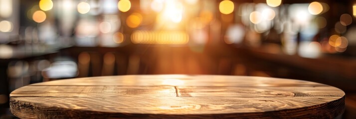Fototapeta premium Wooden Tabletop Empty Countertop Over Blur Golden Lighting Restaurant Warm Cozy Pub Interior