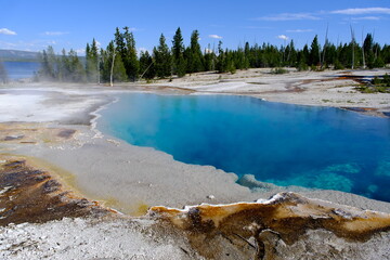 beautiful large blue hot spring, called Black Pool, at West Thumb Geyser Basin in Yellowstone National Park, Wyoming, USA