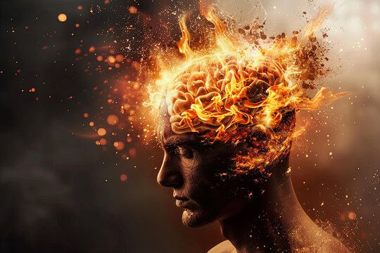 Burn out concept with male head and brain exploding