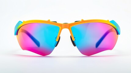 Sporty wraparound sunglasses with tinted lenses, vibrant summer colors, isolated on white background, highresolution, dynamic and active look, closeup shot