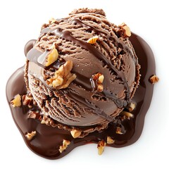 Chocolate ice cream with fudge drizzle and nuts, isolated on white background, highresolution, indulgent summer treat, detailed and rich, inviting and delicious