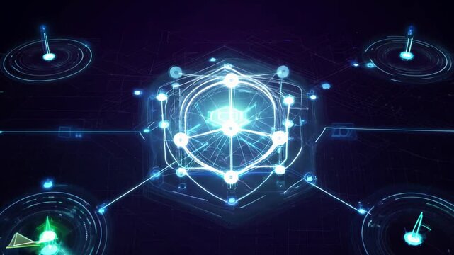 Glowing network nodes pulse rhythmically, connected by luminous lines. Camera rapidly zooms out, revealing a vast digital universe with complex data structures.	