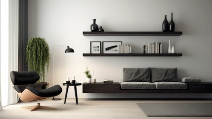 Fototapeta premium Minimalist living room with floating shelves and a single armchair