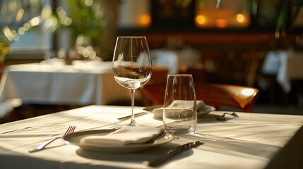 A table with a wine glass and a fork and knife on it