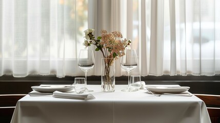 A table with a vase of flowers and two wine glasses