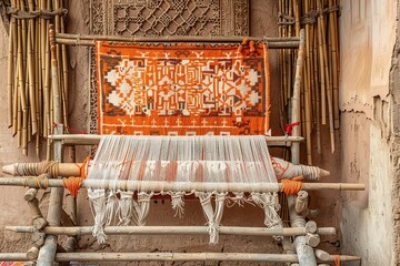 Old traditional loom with an orange and white woven rug