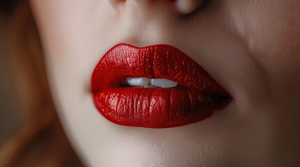Close-up of beautiful woman's lips with red lipstick