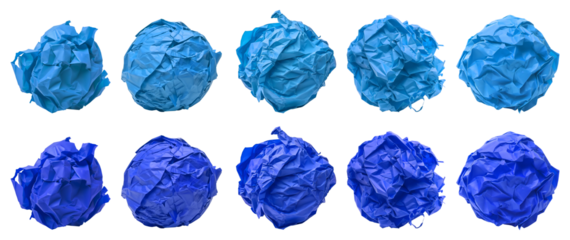Collection set of dark light blue crumpled crushed scrunched paper ball on transparent background cutout, PNG file. Many different design. Mockup template artwork graphic