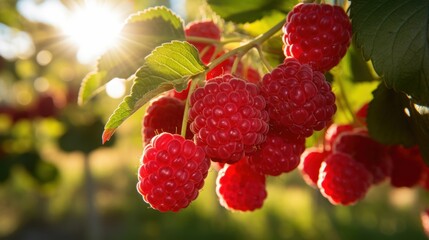 Close-up of ripe red raspberries hanging from a bush, illuminated by warm sunlight in a garden setting.