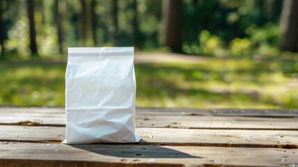 A white bag placed on a wooden table in a natural outdoor setting, with a blurred forest background.