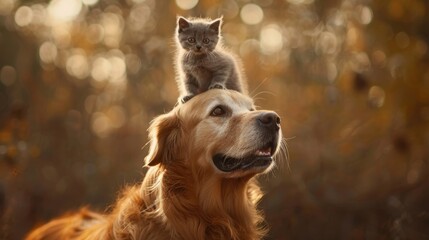 A cute kitten comfortably perched on a golden retriever's head, both outdoors with a warm, blurred background.