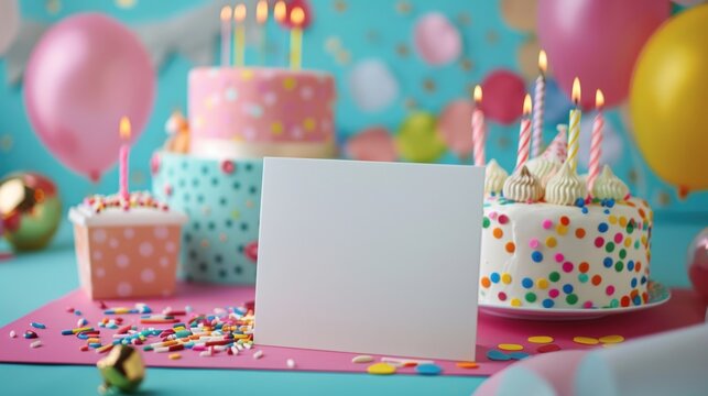 Birthday party table with colorful cakes, cupcakes, and decorations, featuring a blank card for personalized messages.