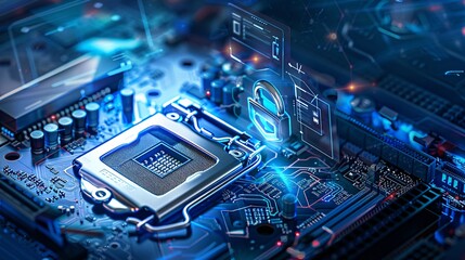 Cybersecurity concept with computer motherboard and safety lock.