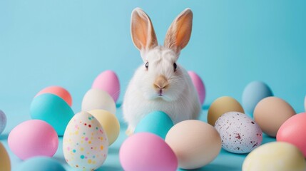 Obraz premium A cute white bunny surrounded by colorful Easter eggs on a light blue background, symbolizing Easter celebration.