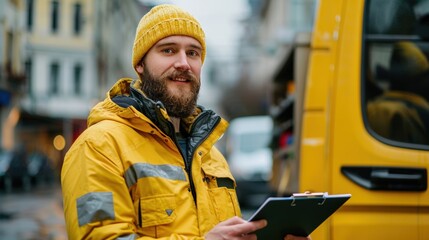 A cheerful delivery worker in a yellow jacket and beanie, holding a clipboard, ready for deliveries.