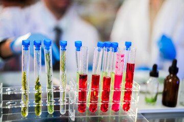 scientific tubes containing rare chemicals and exotic plant samples are used to extract substances...