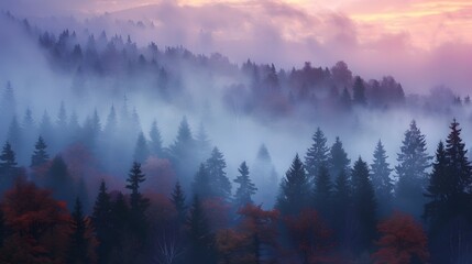 Obraz premium A forest with trees in the background and a misty sky. 