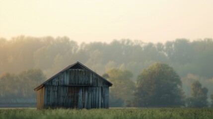 An old wooden barn stands solitary in a misty field, surrounded by soft, diffused morning light and forested background.