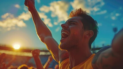 A man is smiling and cheering at a sports event