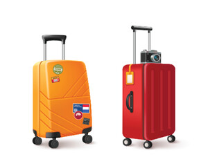 3d travel suitcase. Realistic luggage icon vector. Vacation baggage for summer holiday in yellow and red. Trip to beach with case and camera to carry. Journey accessory with handle and wheel