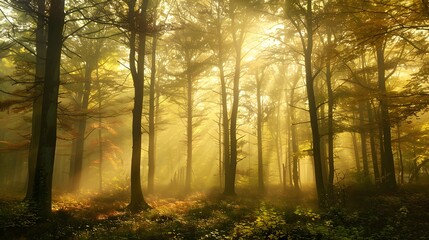 Obraz premium A forest with trees in the background and a misty sky. 