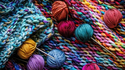Hobby Knitting with colorful wool and needles on flat surface