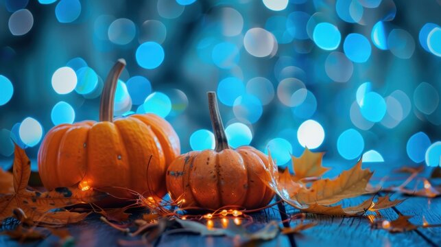 Two small pumpkins on a rustic table with autumn leaves and a blue bokeh background, creating a festive fall atmosphere.