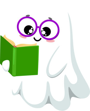 Cartoon kawaii Halloween ghost character wearing glasses reading a book. Isolated vector smart spook bookworm enjoying fairytale stories with happy face expression, during festive and funny night