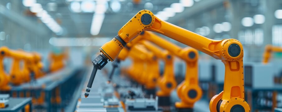 Futuristic Robotics Arms Assembling Electronic Devices in Manufacturing Plant with Copy Space, Deep Depth of Field