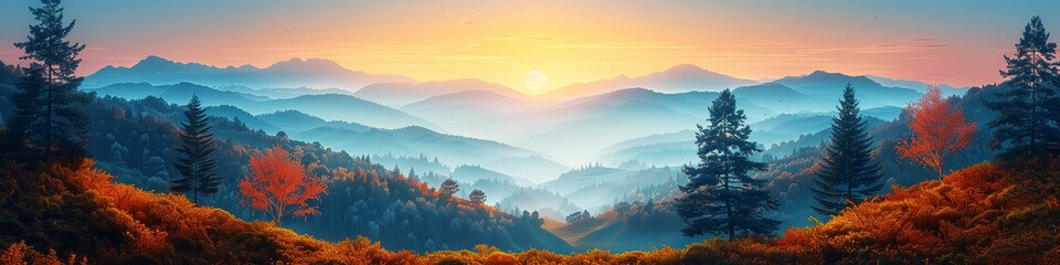 Panorama view, fantasy valley under sunrise, beautiful mountains at sunset, dramatic landscape at dawn or dusk. Design for Wall Art, Poster Print, Wallpaper & Background