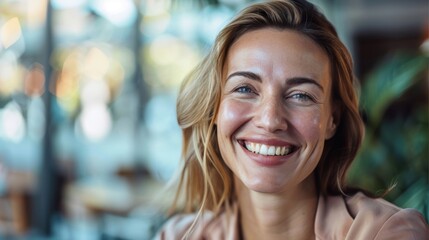 Obraz premium Close-up of a cheerful blonde woman smiling brightly in a casual indoor setting with soft focus background.