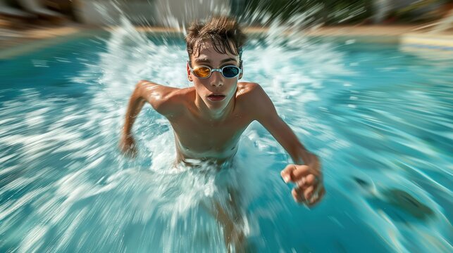 Energetic boy wearing swim goggles running through a pool, creating a splash with a motion blur effect. - Powered by Adobe