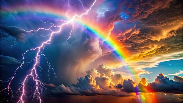 Colorful rainbow clouds and lightning strikes in the background, rainbow, clouds, lightning, colorful, weather, storm