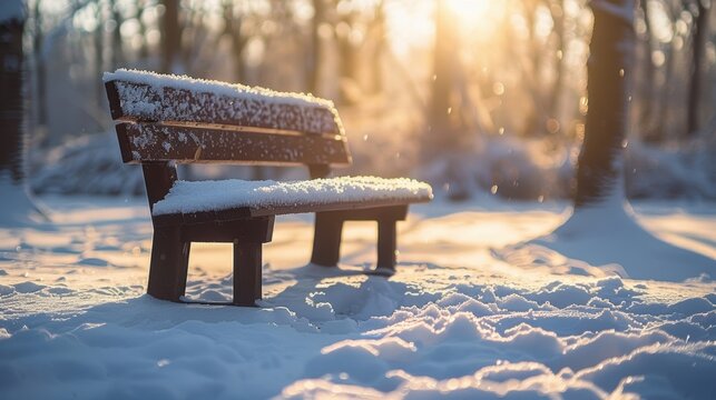 A snow-covered bench in a serene winter forest, illuminated by the golden light of a sunrise, creating a peaceful scene. - Powered by Adobe