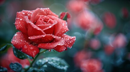 Close-up of a vibrant red rose with dew drops on its petals