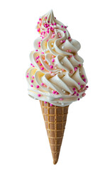 A heart-shaped ice cream cone with white swirls and sprinkles on a plain background.
