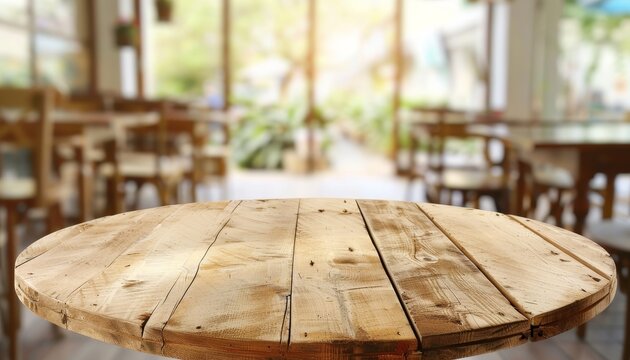 Empty Rustic Wooden Table in Front of Blurred Restaurant Background, Display for Product Montage